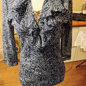 Navy Paisley Ruffle Blouse